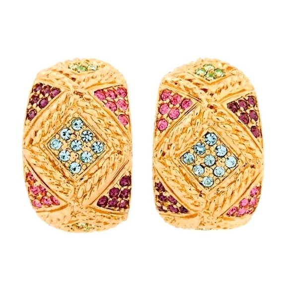 ✨ D'ORLAN 22K Gold Plated Pastel Multicolour Swarovski Crystal Half Hoops Signed - Picture 1 of 15
